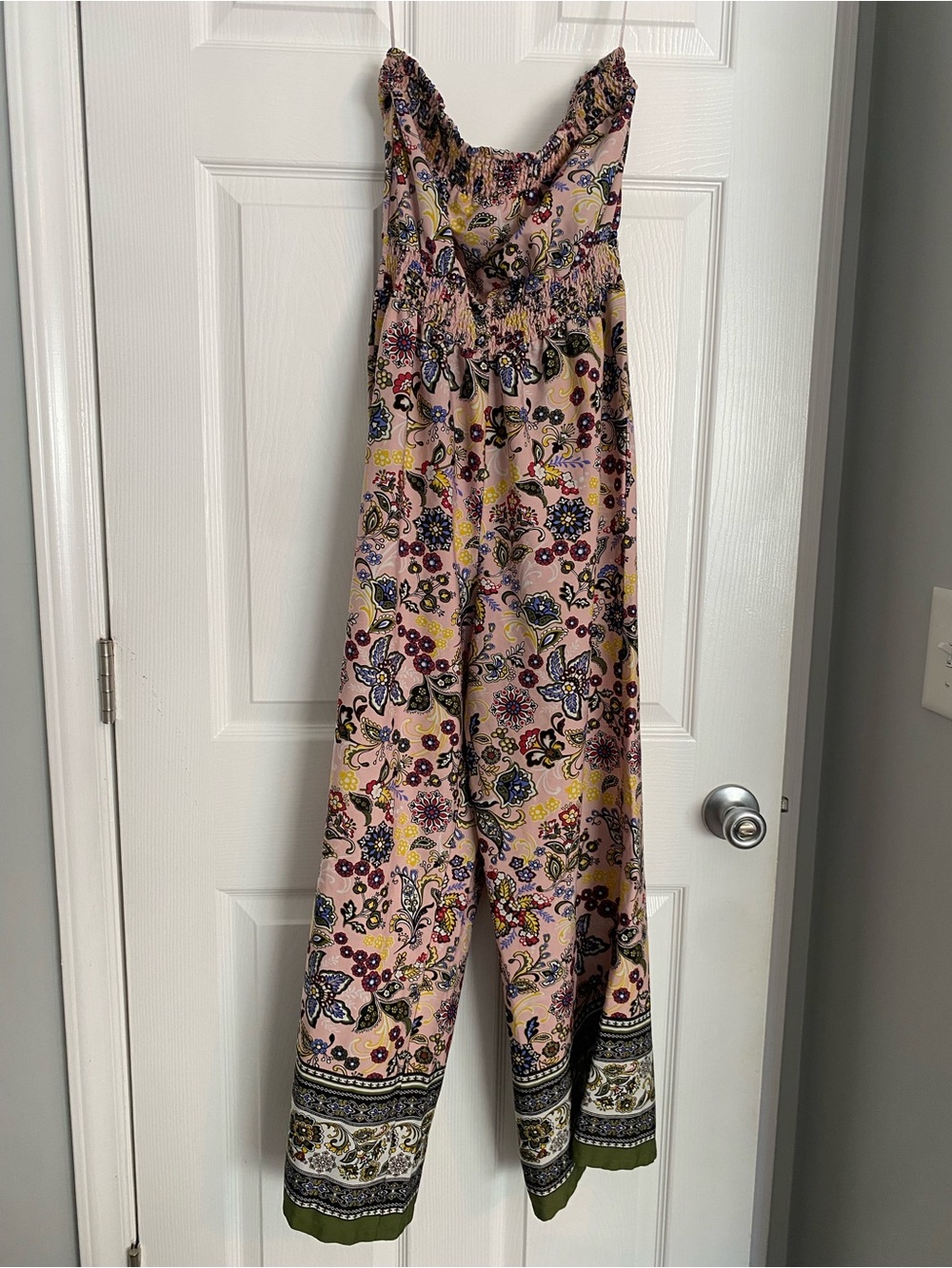Pinky Floral Smocked Wide-Leg Romper in Blush Pink with Navy & Yellow Accents